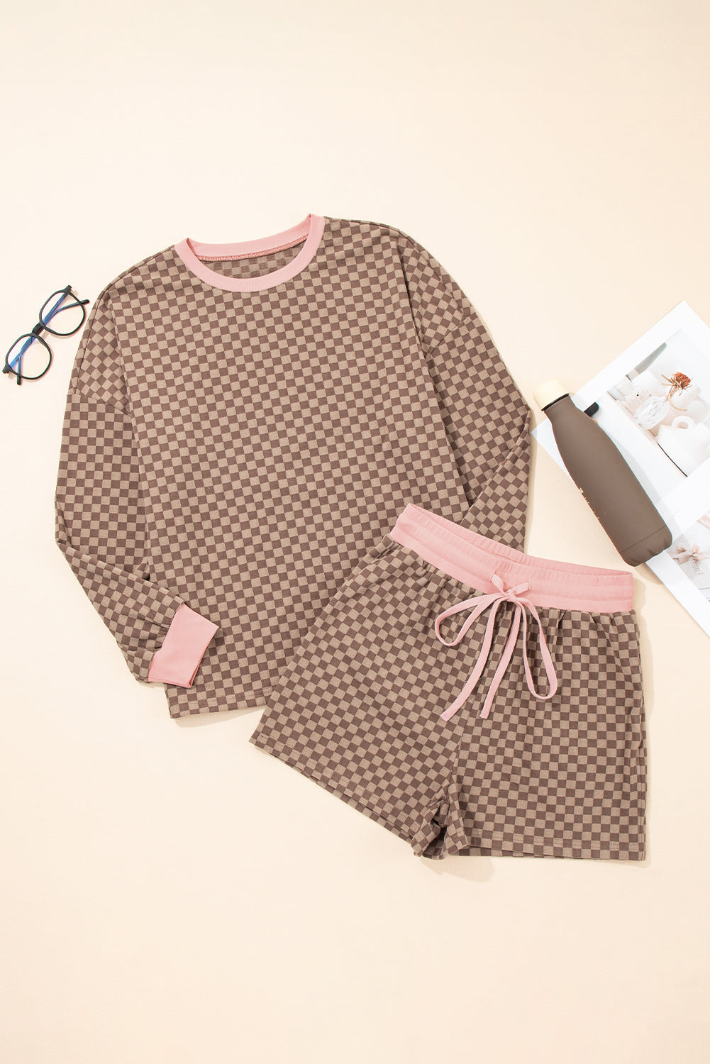 Sky Blue Checkerboard Contrast Trim Long Sleeve Pullover and Shorts Set
