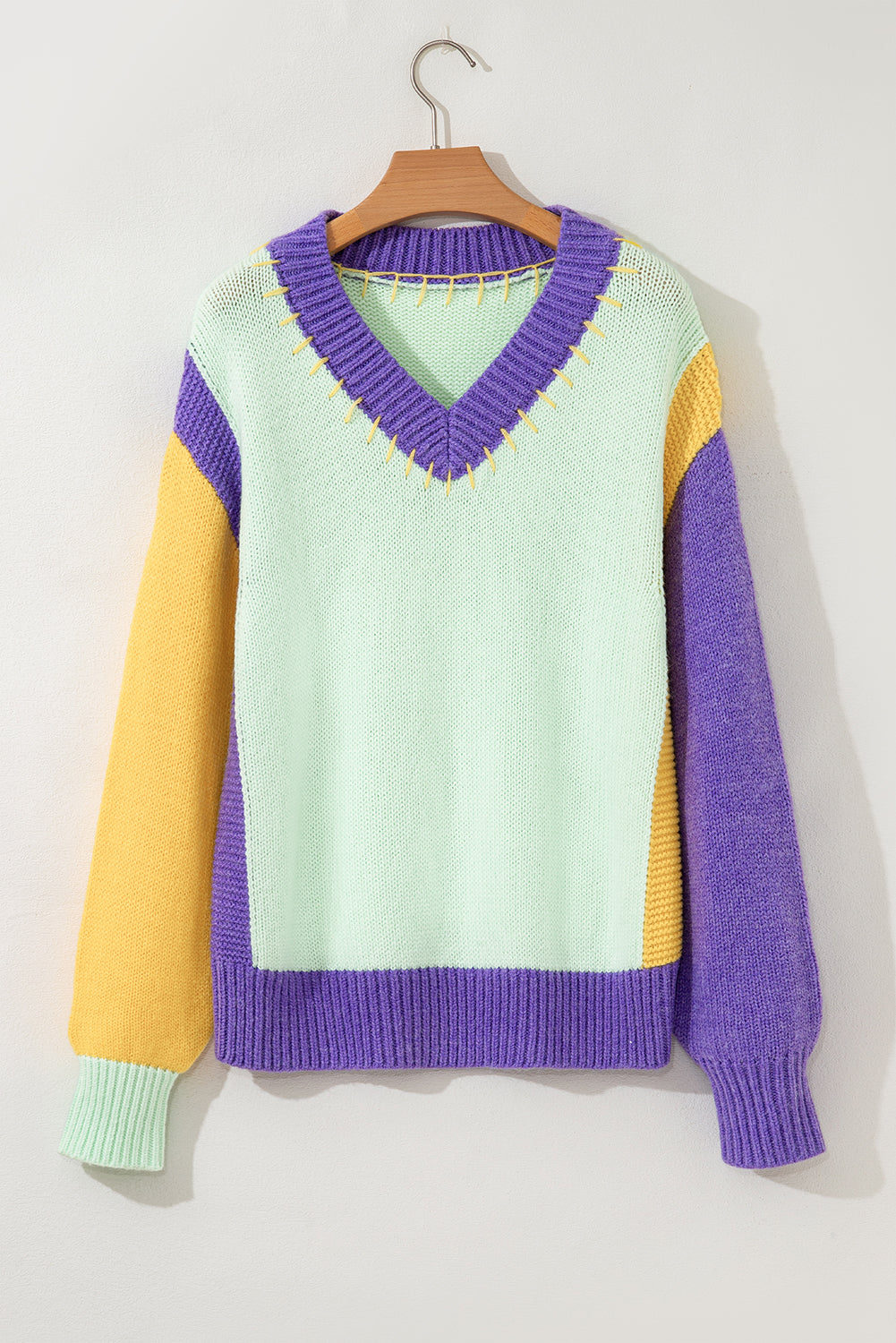 Green Stitched V Neck Colorblock Knitted Drop Shoulder Sweater