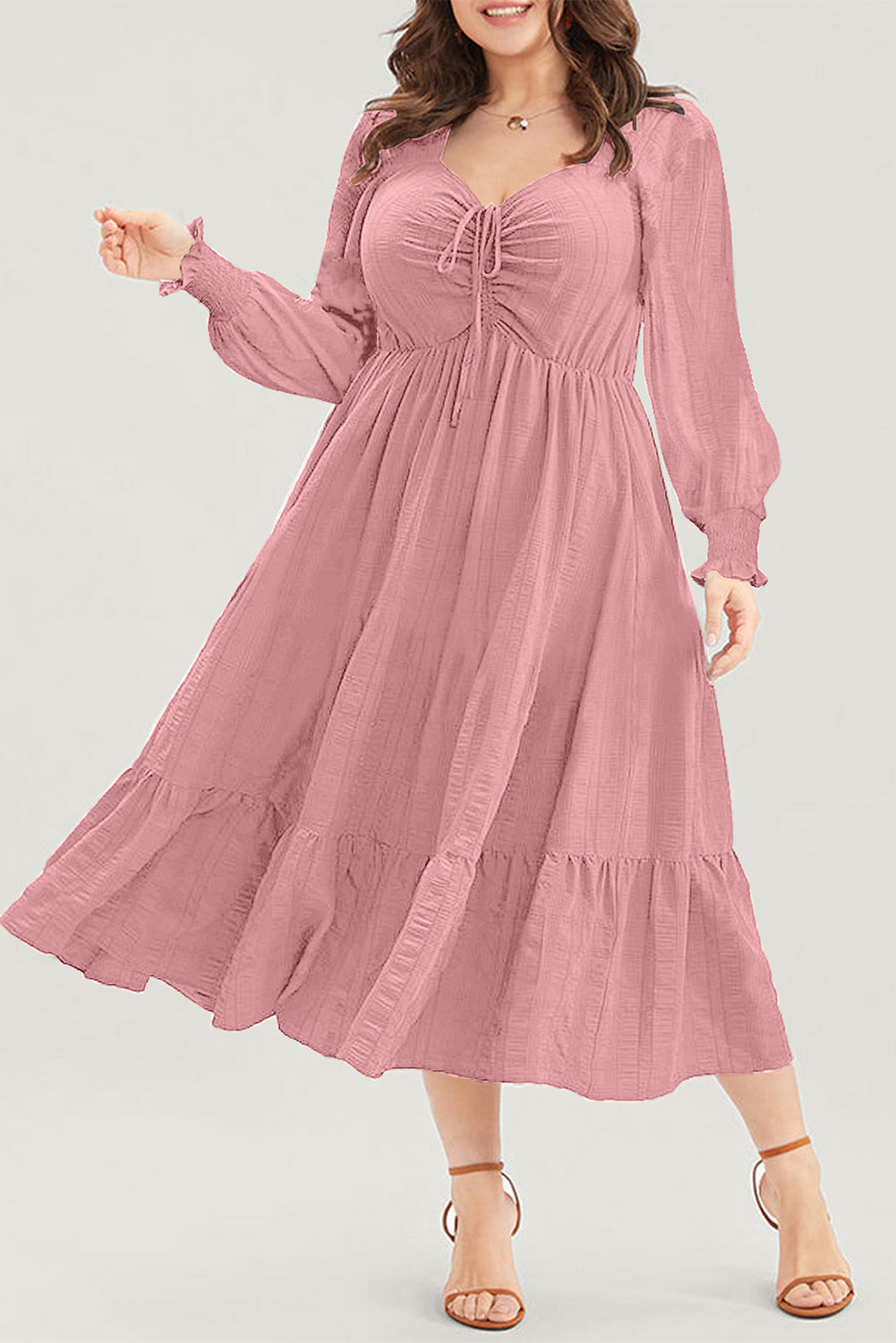 Black Lace-up Ruched Front Long Sleeve Ruffle Hem Plus Size Midi Dress