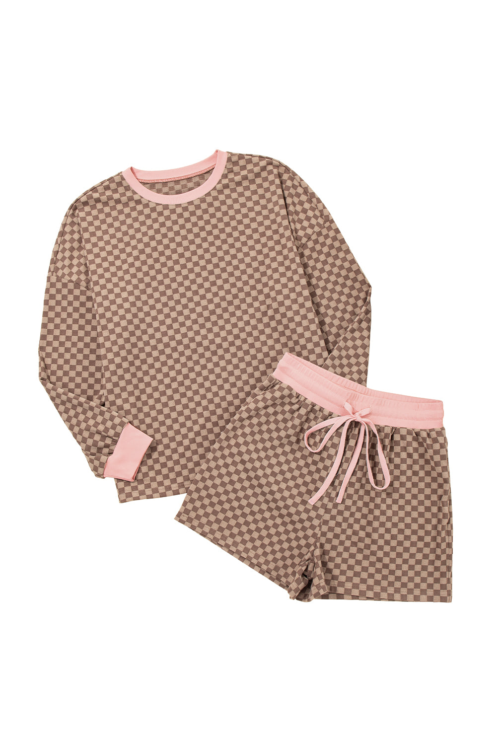 Sky Blue Checkerboard Contrast Trim Long Sleeve Pullover and Shorts Set