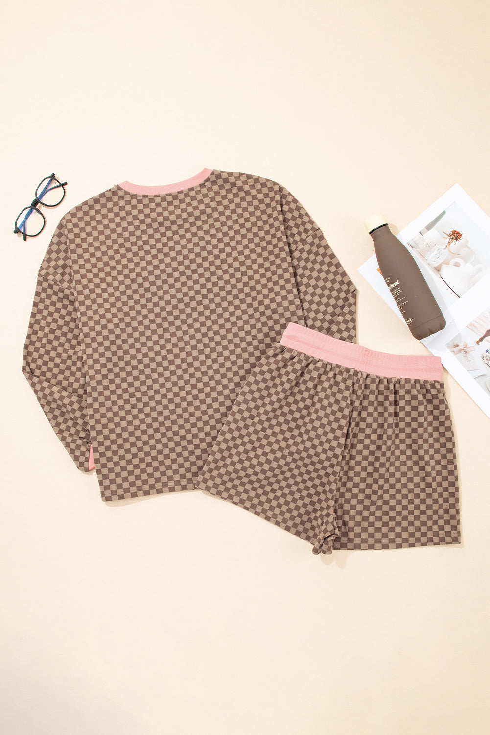 Sky Blue Checkerboard Contrast Trim Long Sleeve Pullover and Shorts Set