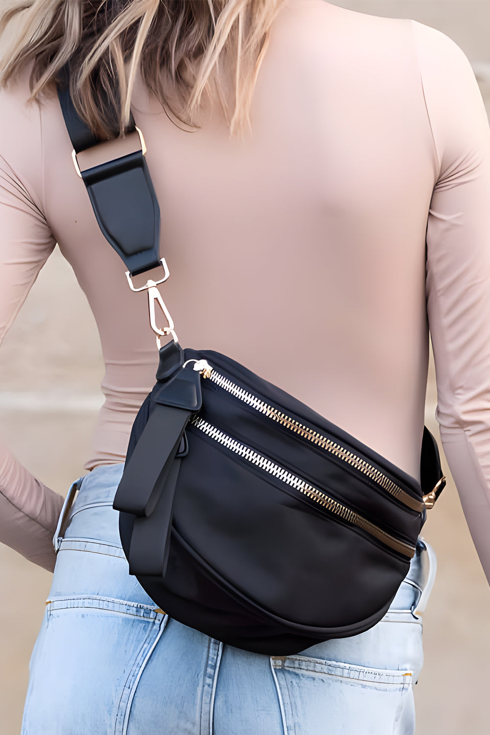 Parchment Wide Strap Zipper Crossbody Bag